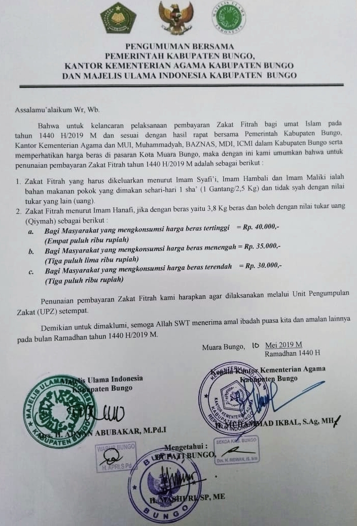 Pengumuman Tentang Zakat Fitrah Tahun 1440 H2019 M